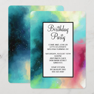 Invitación Nebulosa espacial moderna verde y roja en acuarela