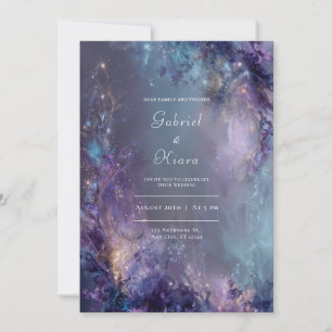 Invitación Nebulosa Etérea Violeta Azul Oro Boda de Fantasía