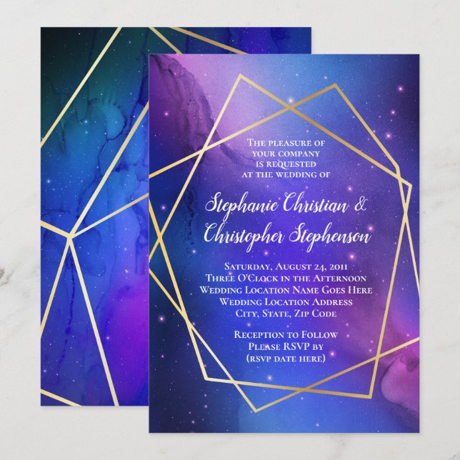 Invitación Nebulosa Púrpura Arte Celeste Boda de oro geométri (Anverso / Reverso)