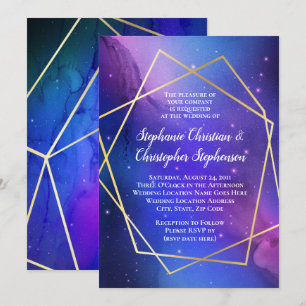 Invitación Nebulosa Púrpura Arte Celeste Boda de oro geométri