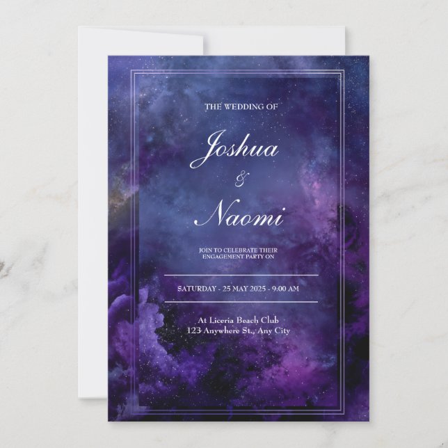 Invitación Nebulosa Vibrante Púrpura Índigo Marco Moderno Bod (Anverso)