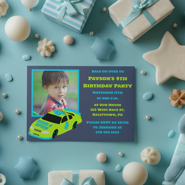 Invitación Necesidad 4 Race Car Boys foto de cuarto cumpleaño (Subido por el creador)