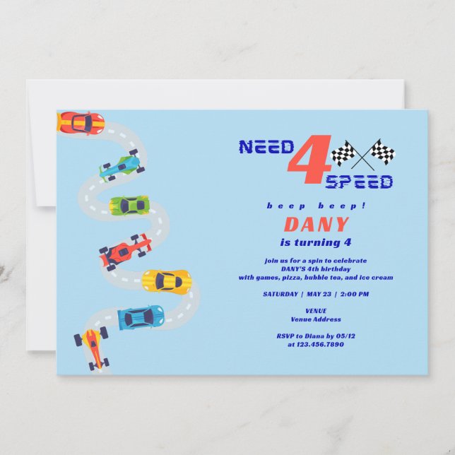 Invitación Necesidad 4 velocidades Automóviles Carreras Niños (Anverso)