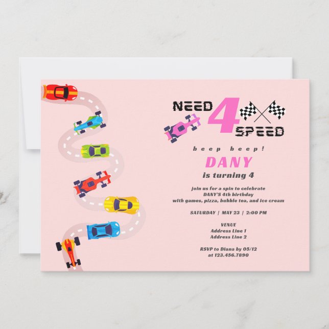 Invitación Necesidad 4 velocidades Chica de Carreras de autom (Anverso)