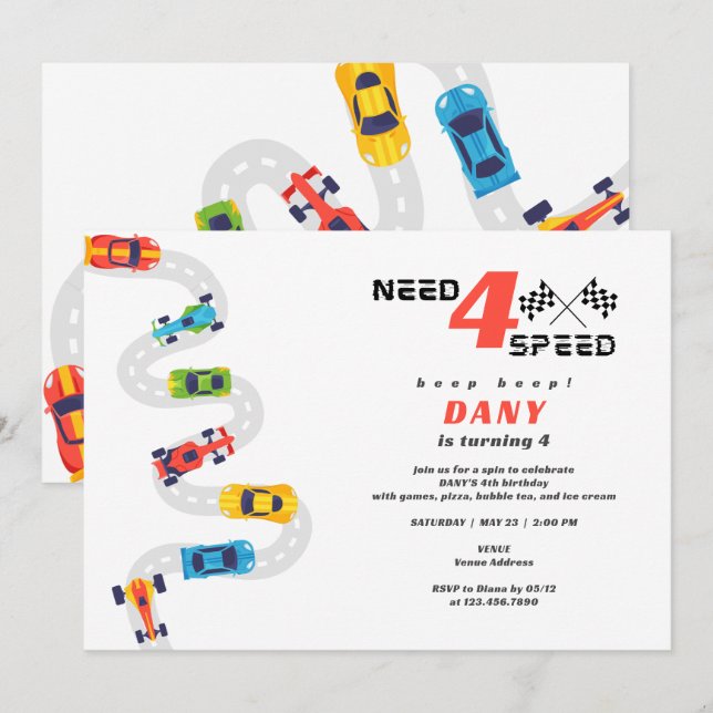 Invitación Necesita 4 velocidades Carreras de autos de motor  (Anverso / Reverso)