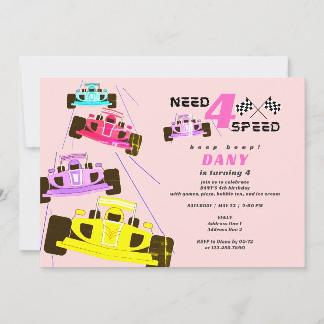 Invitación Necesita Carrera de Carro de Chica de cuatro veloc (Anverso)