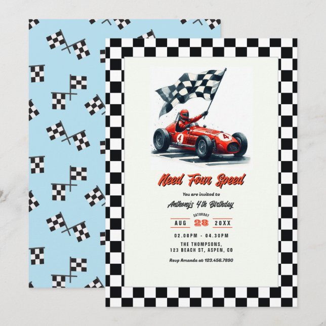 Invitación Necesita Fiesta de Cumpleaños de Coche de Carreras (Anverso / Reverso)