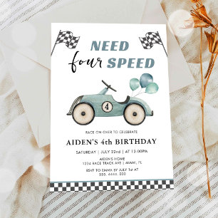 Invitación Necesito FOUR Speed Race Car para Cumpleaños 4