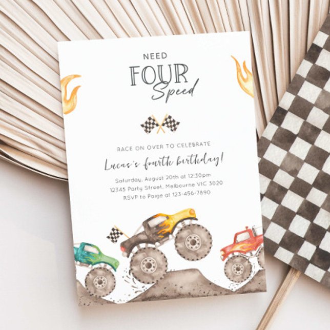 Invitación Need Four Speed Monster Truck 4th Birthday Bash (Subido por el creador)