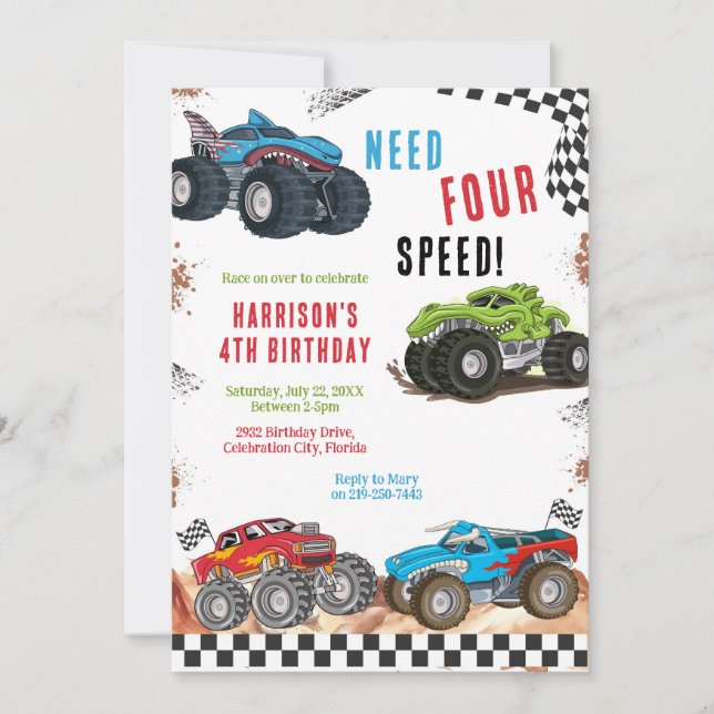 Invitación Need Four Speed Monster Truck Boy 4th Birthday  (Anverso)