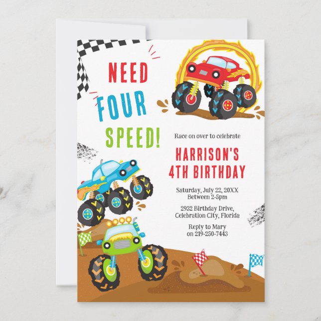 Invitación Need Four Speed Monster Truck Boy 4th Birthday (Anverso)