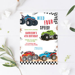 Invitación Need Four Speed Monster Truck Boy 4th Birthday 