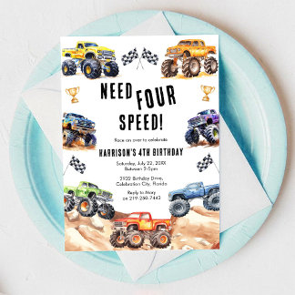 Invitación Need Four Speed Monster Truck Boy 4th Birthday 
