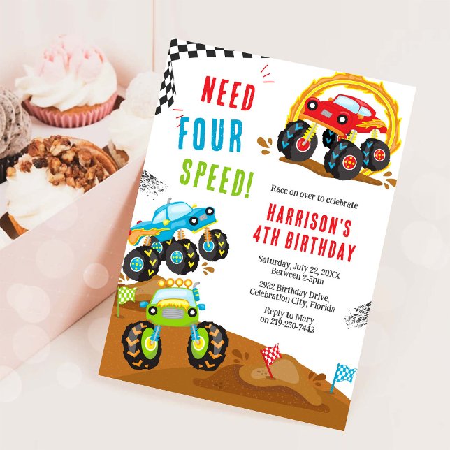 Invitación Need Four Speed Monster Truck Boy 4th Birthday (Subido por el creador)