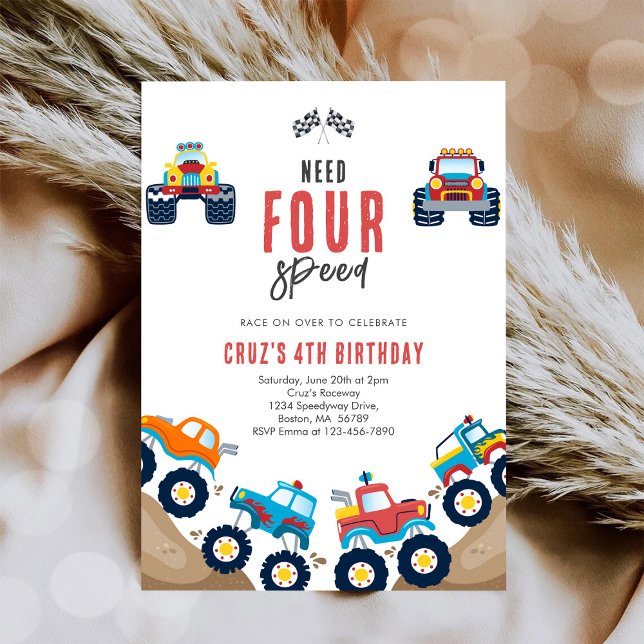 Invitación Need Four Speed Monster Truck Boy 4th Birthday Inv (Subido por el creador)