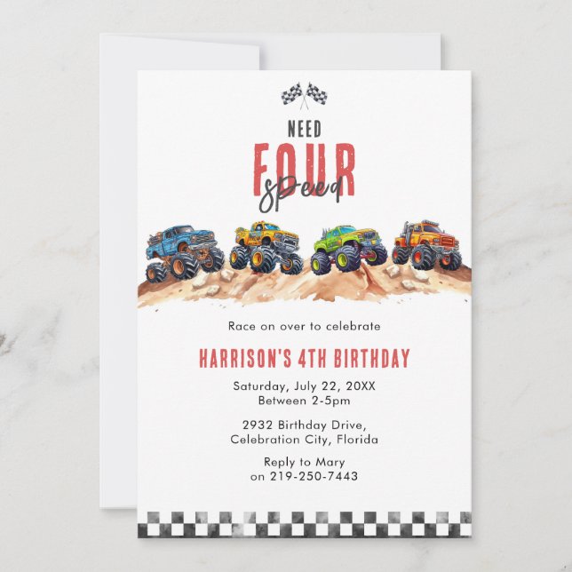 Invitación Need Four Speed Monster Truck Boy 4th Birthday Inv (Anverso)
