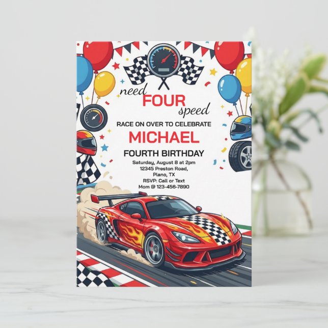 Invitación Need Four Speed Red Race Car 4th Birthday Party (Anverso de pie)