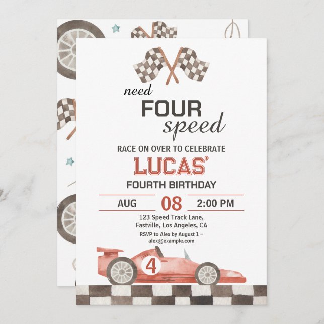 Invitación Need Four Speed Red Race Car 4th Birthday Party (Anverso / Reverso)