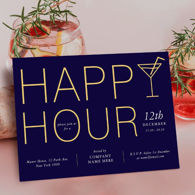 Invitación Negocio de reconocimiento de clientes de Navy Blue (Modern Happy Hour Client Appreciation Business Invitation in navy blue and gold colors)