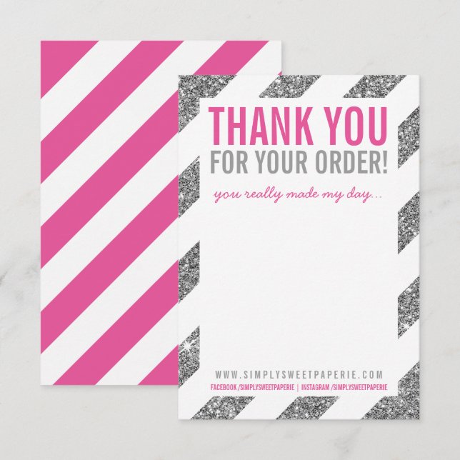 Invitación NEGOCIO GRACIAS NOTA rayas purpurina plata rosa (Anverso / Reverso)