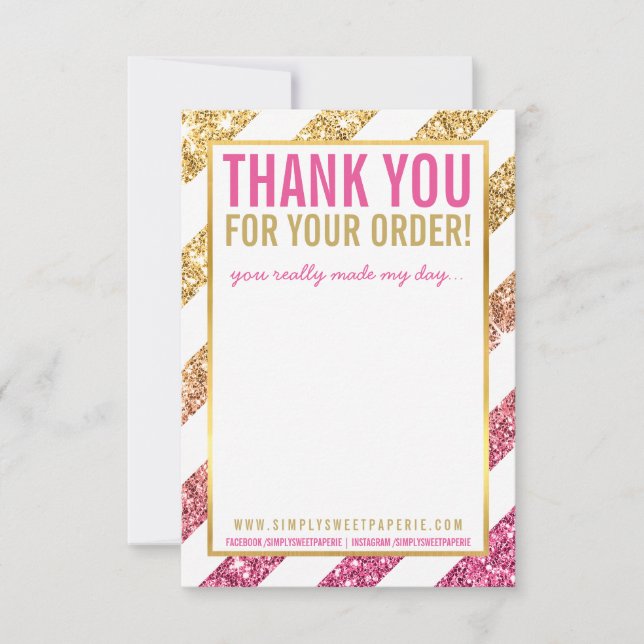 Invitación NEGOCIO GRACIAS NOTA stripe purpurina rosa dorado (Anverso)