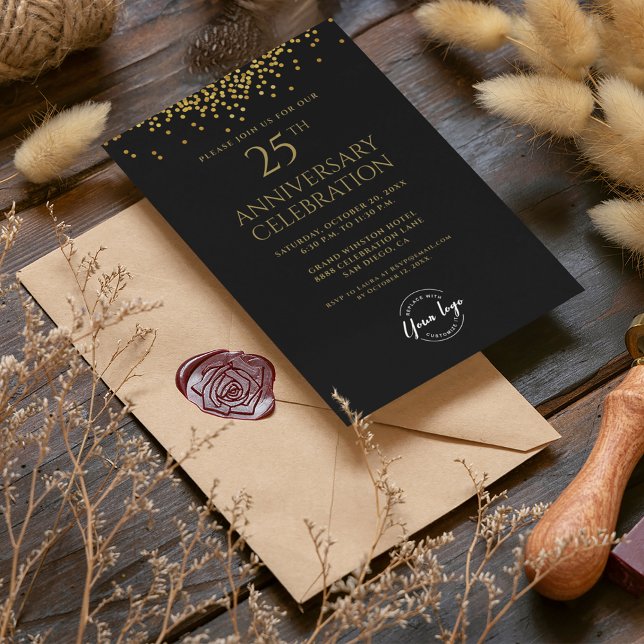 Invitación Negocios corporativos 25 Aniversario del Oro Negro (25th corporate party invitation black gold confetti design.)