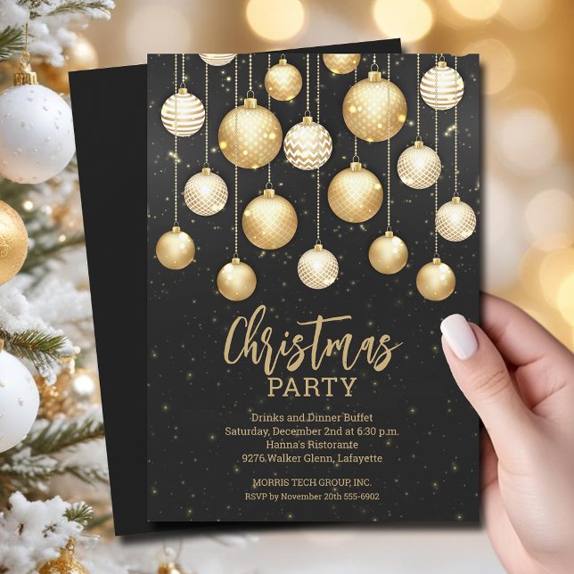 Invitación Negocios de Ornamentos de Árbol de Navidad (White and gold Christmas tree ornaments business party invitations)