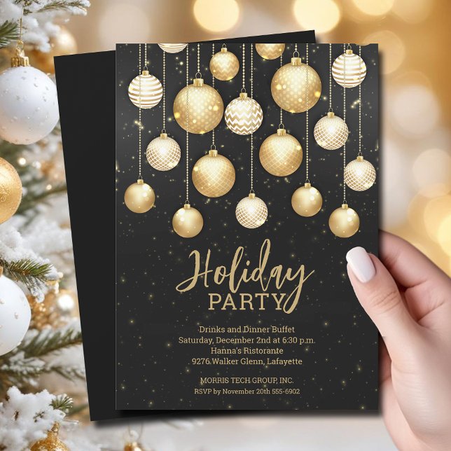 Invitación Negocios de Ornamentos de Árbol de Navidad (White and gold Christmas tree ornaments holiday business party invitations)