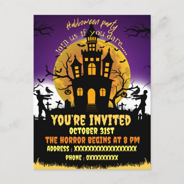 invitación negra a una casa de terror en una fiest (Anverso)