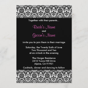 Invitación negra/blanca/rosada de la boda del