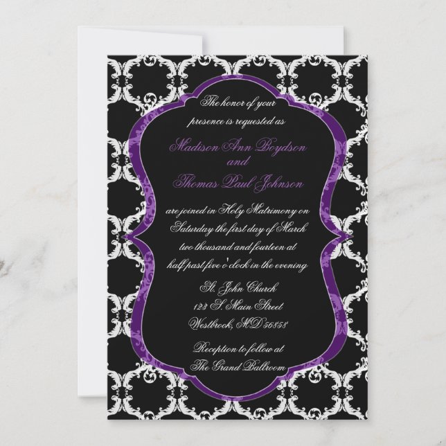 Invitación negra, blanca, y púrpura de la boda del (Anverso)