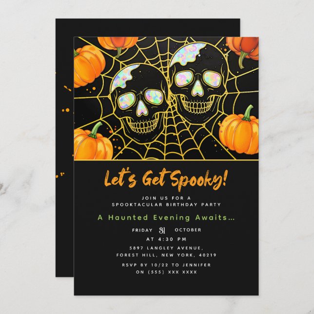 Invitación Negra | Calaveras de Faux Opal Halloween modernas (Anverso / Reverso)