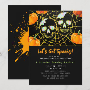 Invitación Negra Calaveras de Faux Opal Halloween modernas