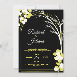 Invitación negra con flores amarillas y blancas