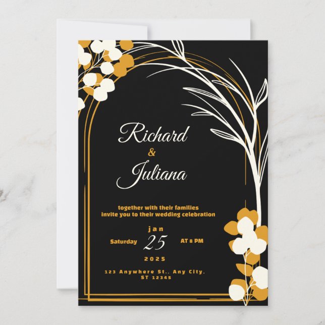 Invitación negra con naranja y flor blanca (Anverso)