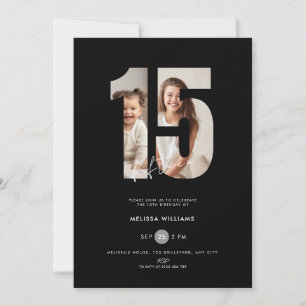 Invitación negra de 15 cumpleaños con foto de chic