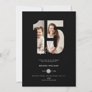Invitación negra de 15 cumpleaños con foto de chic