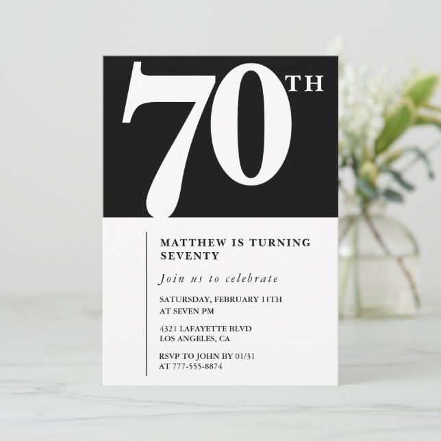 Invitación negra de 70 años Moda elegante simple (Anverso de pie)