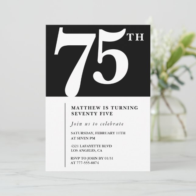 Invitación negra de 75 años Moda elegante simple (Anverso de pie)