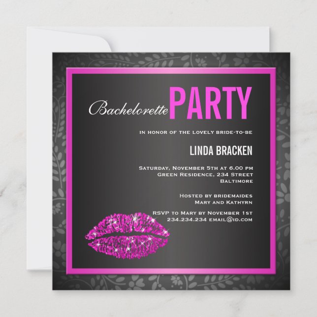 Invitación negra de Bachelorette de los labios (Anverso)