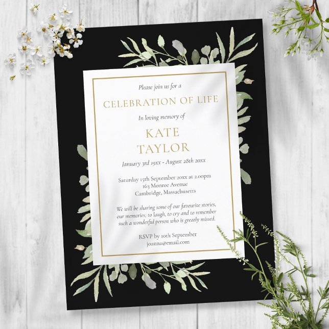 Invitación Negra de Celebración de Vida con Follaj (Subido por el creador)