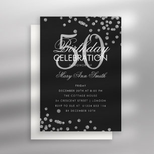 Invitación negra de Confetti Plata de Cumpleaños d