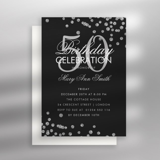 Invitación negra de Confetti Plata de Cumpleaños d (Subido por el creador)