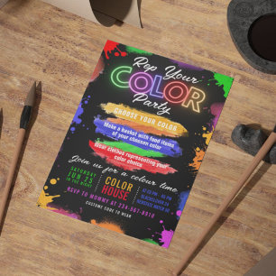 Invitación Negra de Fiesta de Colores Invitación E