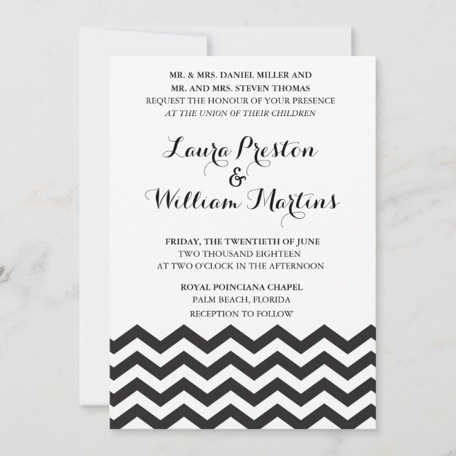 Invitación negra de la boda de Chevron (Anverso)