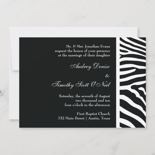 Invitación negra de la boda del estampado de zebra (Anverso)