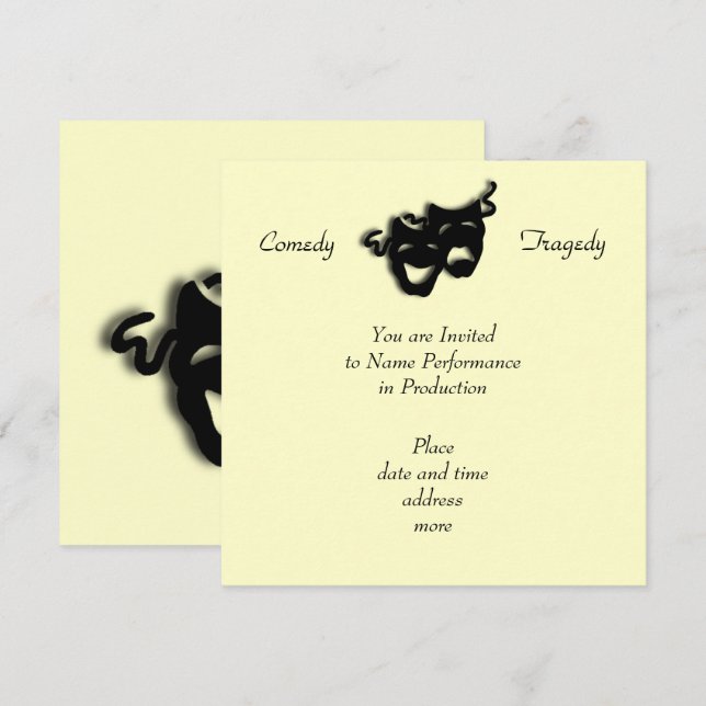 Invitación negra de las máscaras de la comedia y (Anverso / Reverso)
