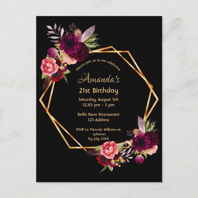 Invitación negra de oro burdeos de 21 años (Anverso)