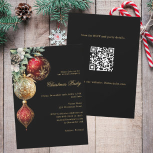 Invitación Negra de oro rojo baubles negocios Navidades QR Fi