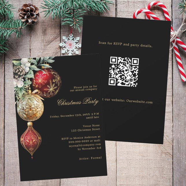 Invitación Negra de oro rojo baubles negocios Navidades QR Fi (Subido por el creador)